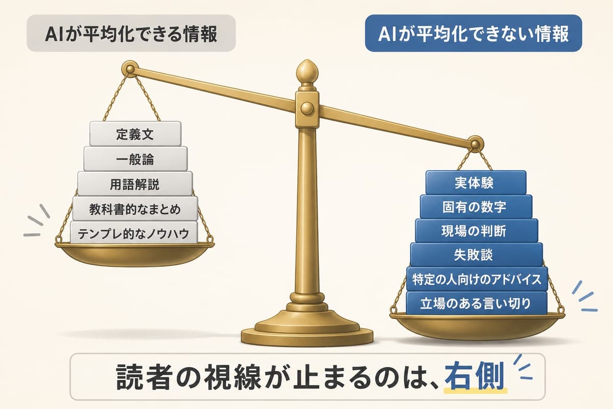 天秤の左に「AIが平均化できる情報」（定義文・一般論・用語解説など）、右に「AIが平均化できない情報」（実体験・固有の数字・現場の判断・失敗談など）を載せ、「読者の視線が止まるのは、右側」と示す図